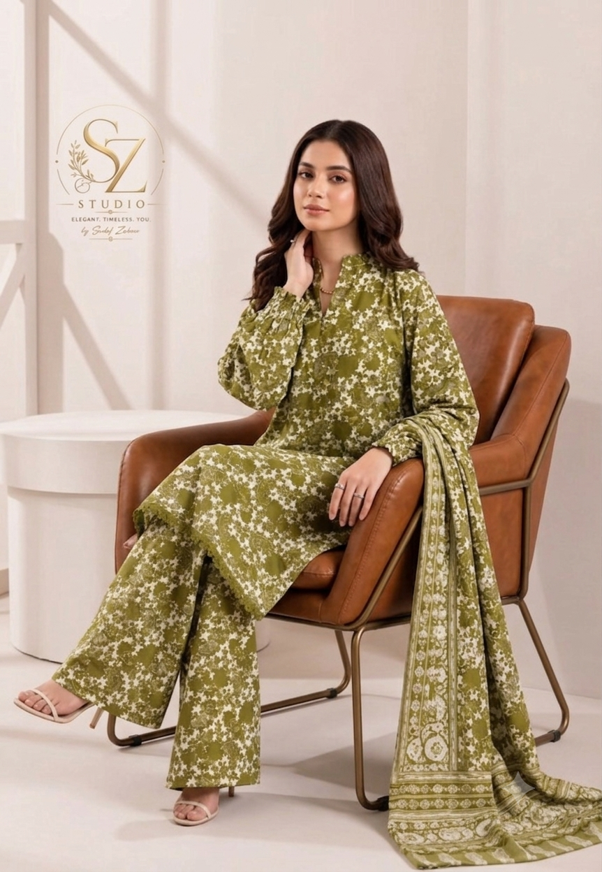 Flora 3-Piece Printed Lawn Suit – Olive Green
