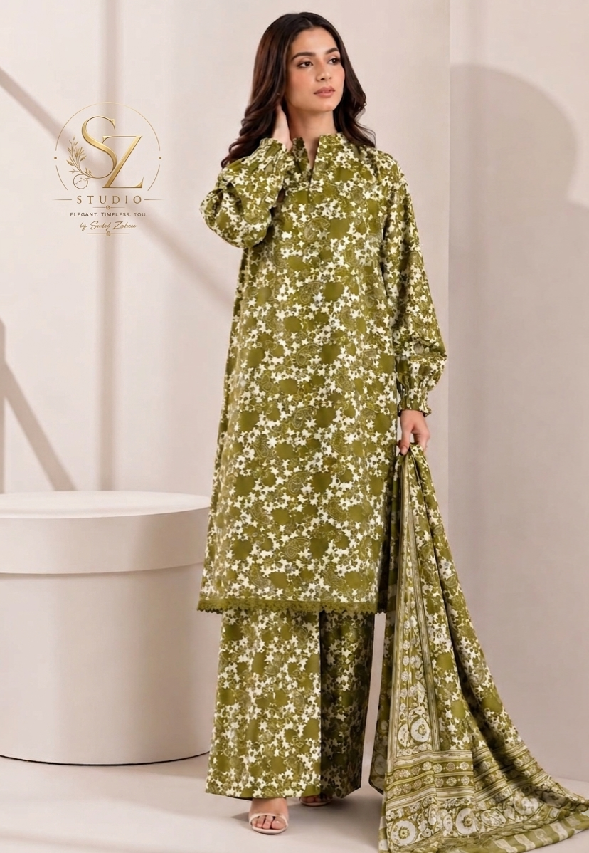 Flora 3-Piece Printed Lawn Suit – Olive Green