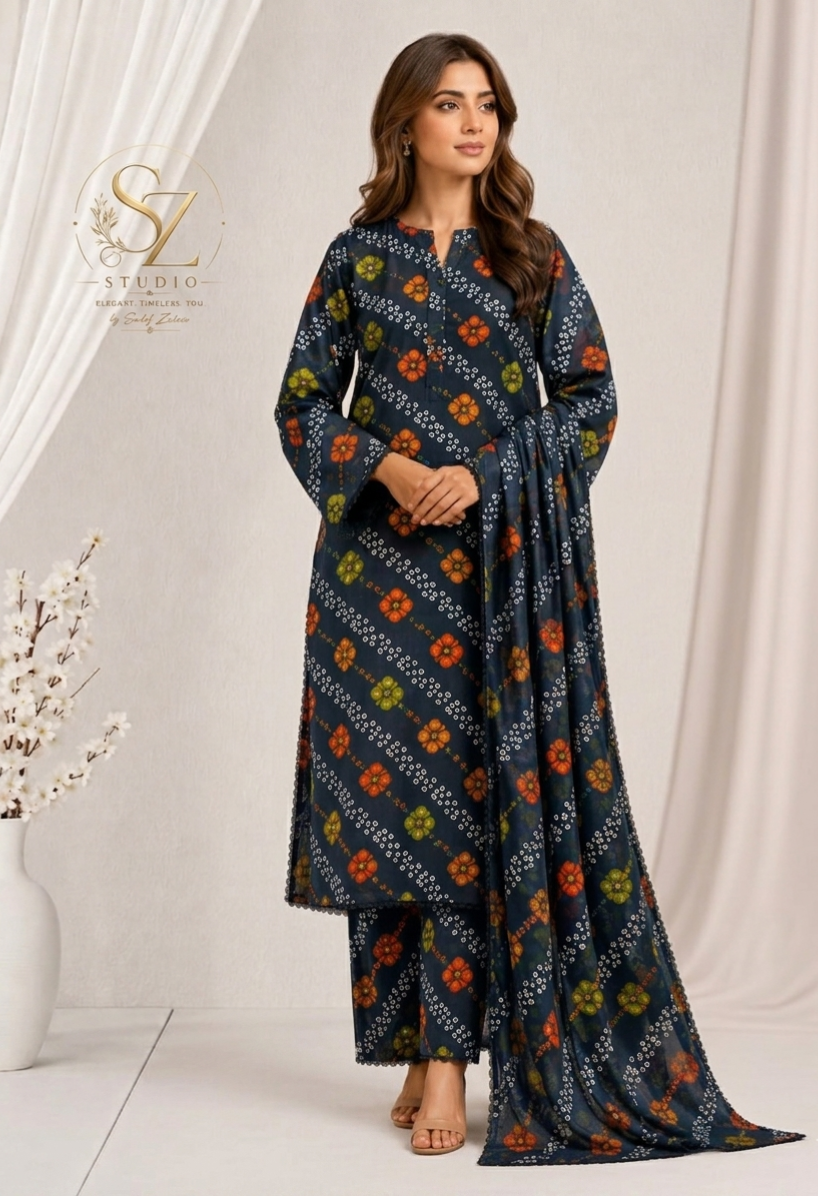 Grace 3-Piece Printed Lawn Suit – Midnight Blue