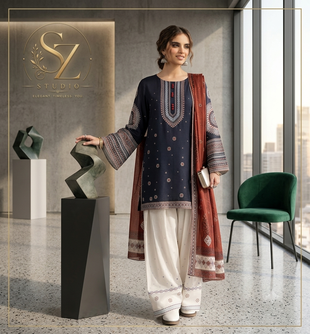 Luxury 3-Piece Printed Lawn Suit with Farshi Shalwar